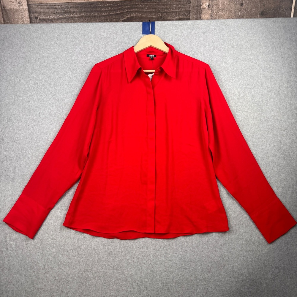 Express Shirt Womens Large Red Slim Portofino Long Sleeve‎ Blouse Flowy NEW $50
